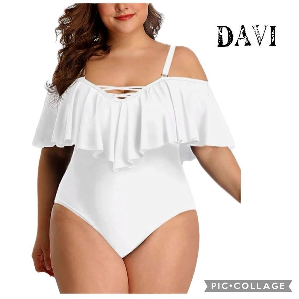 NWT DAVI Plus Size Ruffle Swimsuits WHITE SIZE